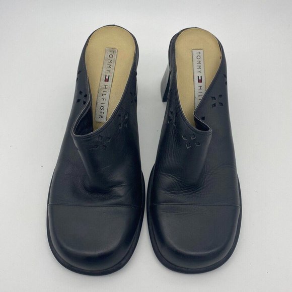 y2k Vintage Tommy Hilfiger Women's Black Chunky Heels Sandals Slip On Leather 6M - Picture 3 of 4